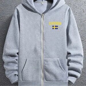 Sweden & Flag Emblem Light Gray Full Zip Hoodie Sweatshirt ~ L
